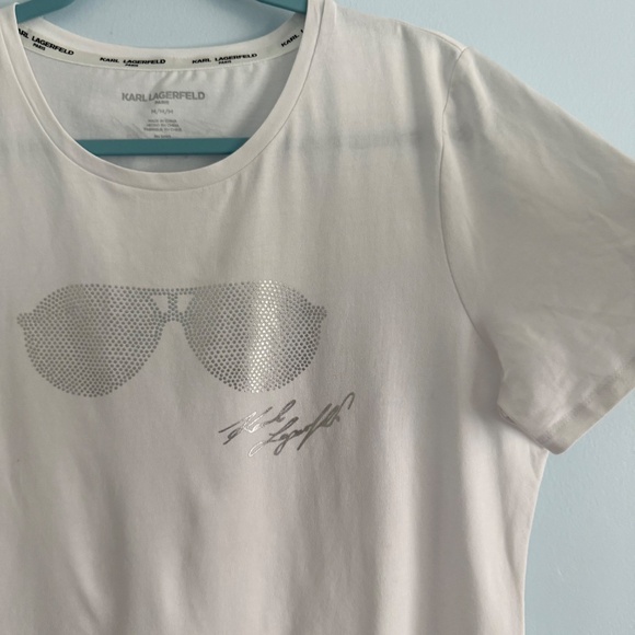 Karl Lagerfeld Women’s Short Sleeve Sunglasses Print White T- Shirt Size M - Picture 2 of 7